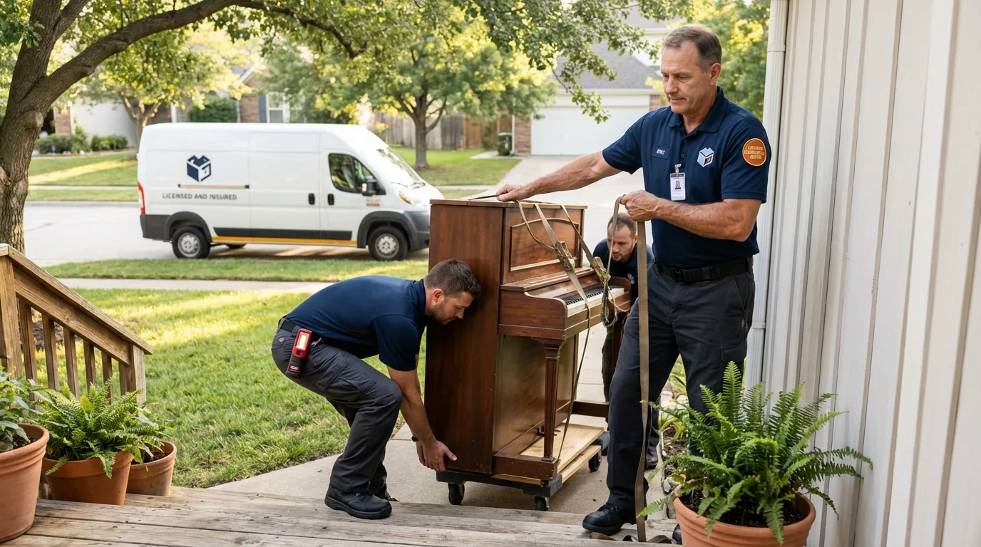 Licensed piano movers securing grand piano in Lehighton, PA